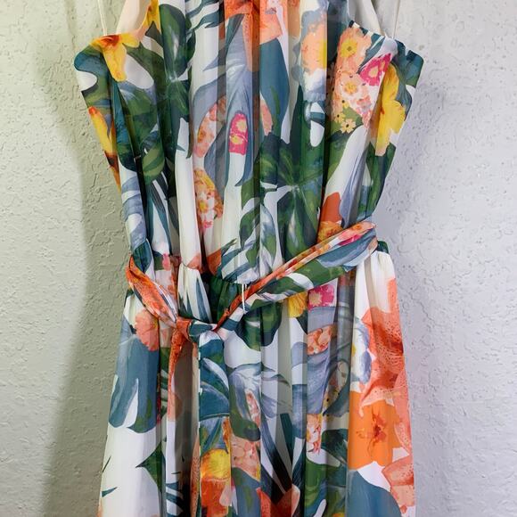 ELIZA J Dress 12 Midi Halter Floral Keyhole Button Neck Closure Ruffle Hem Lined - Picture 8 of 16